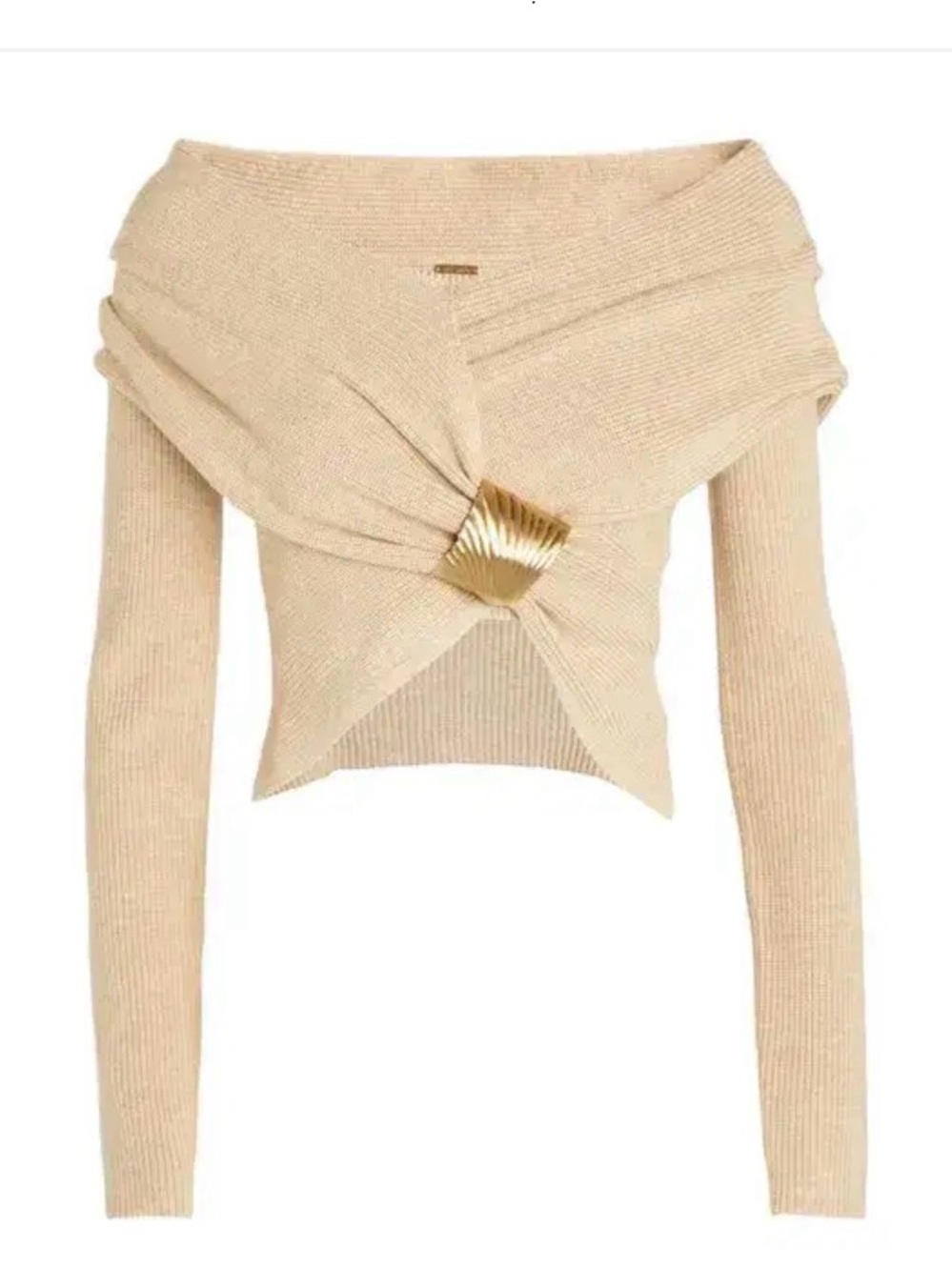 cult gaia Beige Off-the-Shoulder Twist Sweater with Gold Accent